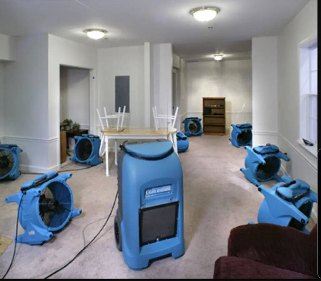 Air movers and dehumidifier setup for Water Damage Restoration in Elko New Market